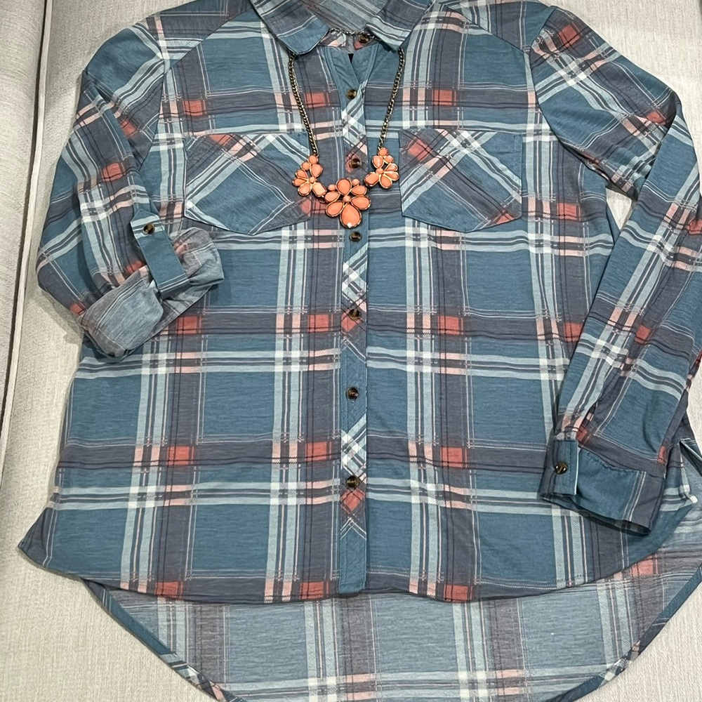 Women’s Passport Blue and Peachy Pink Plaid Button-Up Shirt